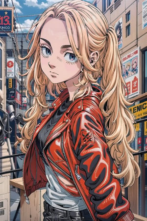 ((1 female))l, full body, blonde hair, ( two long pigtails:1.4), blue eyes, white t-shirt, jeans, black boots,(red leather jacket:1.4),beautiful girl with attention to detail, beautiful delicate eyes, detailed face, beautiful eyes,Beautiful Pose, Natural Light, ((Real) ) Quality: 1.2 )), Cinematic Lighting, Perfect Composition, Super Detail, Official Art, Masterpiece, (Best Quality: 1.3), Reflection, High Resolution CG Unity 8K Wallpaper, Detailed Background, Masterpiece, (Photorealistic): 1.2), Random Angle, Side Angle, ,anime,Retro,ink,retro artstyle,traditional media