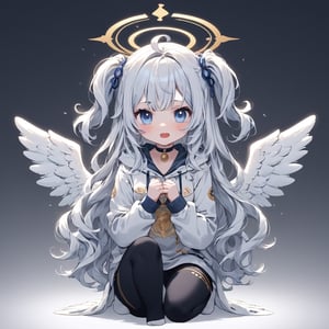 (chibi:1.3), masterpiece, made by a master, 4k, perfect anatomy, perfect details, best quality, high quality, lots of detail.
(solo),1girl, ((angel)), ((white hair)), (long hair:1.3), (two side up), blue eyes,  (curly hair:1.2), (wavy hair), (hair curls), (bangs), (two side up), two ((blue)) hair ties on head, (Double golden halo on her head), choker, ((angel wings)), ahoge, fang, (Gray long sleeve hooded top), Black long pants, white socks, single, looking at viewer, Fear, (Be scared), (shout), Face with hands, (full body) ,Emote Chibi. cute comic,simple background, flat color, Cute girl,dal,Chibi Style,lineart,