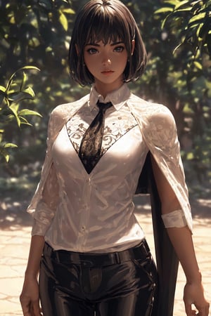 ultra realistic 8k cg, masterpiece, ((ultra detailed background, delicate pattern, intricate detail)), (highly detailed, fine details), best quality, 1girl, (photorealistic:1.4),beautiful lighting, absurdres, RAW photo, film grain,16 year old girl, short hair below ears, black hair, black pants, white shirt, mistborn cape