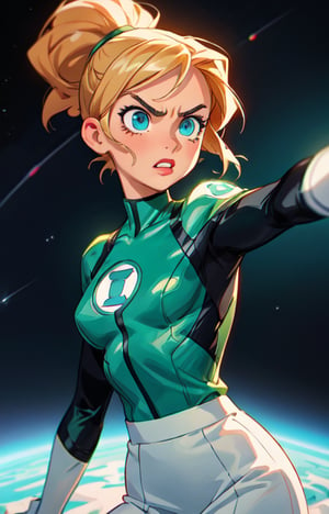 1girl, (short blondie hair:1),(high ponytail:1),blue eyes,uniform_green lantern_DCcomics:1,hal jordan, white bodysuit,((tight green skirt)), white gloves,slim waist, looking at viewer, solo, upper body,(masterpiece:1.4),(best quality:1.4),red lips,parted lips,dramatic shadows,extremely_beautiful_detailed_anime_face_and_eyes,an extremely delicate and beautiful,dynamic angle, cinematic camera, dynamic pose,depth of field,chromatic aberration,backlighting,Watercolor, Ink, epic, candystyle,angry,cute,vibrant,colorful,space,pop,