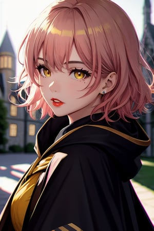 1girl, short pink hair,(mole next to lip:1),(eyebrow scar:1),(hufflepuff House Cloak),( inner cloak yellow:1), (outer cloack black:1),yellow eyes, looking at viewer, solo, upper body,(masterpiece:1.4),(best quality:1.4),red lips,parted lips, hogwarts castle:1,dramatic shadows,extremely_beautiful_detailed_anime_face_and_eyes,an extremely delicate and beautiful,dynamic angle, cinematic camera, dynamic pose,depth of field,chromatic aberration,backlighting,