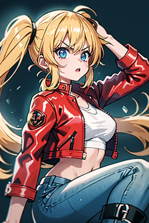 1 girl, blonde hair, two pigtails, blue eyes,red leather jacket, white t-shirt, jeans, black boots, solo, upper body,(masterpiece:1.4),(best quality:1.4),,dramatic shadows,extremely_beautiful_detailed_anime_face_and_eyes,an extremely delicate and beautiful,dynamic angle, cinematic camera, dynamic pose,depth of field,chromatic aberration,backlighting,Watercolor, Ink, epic, angry,vibrant,colorful,nature,pop, simple background, blank_background,