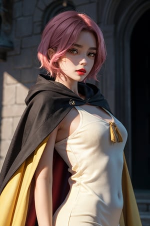 1girl, short pink hair,(mole next to lip:1),(eyebrow scar:1),(hufflepuff House Cloak),( inner cloak yellow:1), (outer cloack black:1),yellow eyes, looking at viewer, solo, upper body,(masterpiece:1.4),(best quality:1.4),red lips,parted lips, hogwarts castle:1,dramatic shadows,extremely_beautiful_detailed_anime_face_and_eyes,an extremely delicate and beautiful,dynamic angle, cinematic camera, dynamic pose,depth of field,chromatic aberration,backlighting,