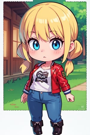 1 girl, blonde hair, two pigtails, blue eyes,red leather jacket, white t-shirt, jeans, black boots, solo, (medium_shot:1.4),(masterpiece:1.4(bestquality:1.4),extremely_beautiful_detailed_anime_face_and_eyes,an extremely delicate and beautiful,super_deformed,nas