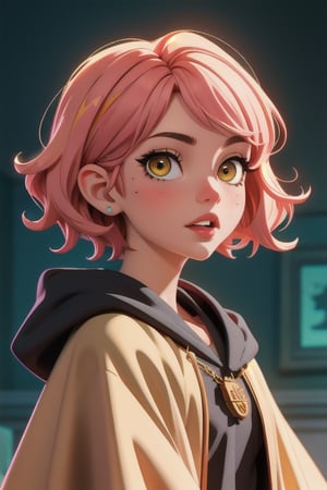 1girl, short pink hair,(mole next to lip:1),(eyebrow scar:1),(hufflepuff House Cloak),( inner cloak yellow:1), (outer cloack black:1),yellow eyes, looking at viewer, solo, upper body,(masterpiece:1.4),(best quality:1.4),red lips,parted lips, hogwarts castle:1,dramatic shadows,extremely_beautiful_detailed_anime_face_and_eyes,an extremely delicate and beautiful,dynamic angle, cinematic camera, dynamic pose,depth of field,chromatic aberration,backlighting,