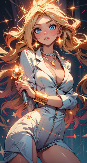 (windy background), (best detailed), (best lighting), ( ultra-detailed), (best quality), In a radiant, ultra-detailed masterpiece, a stunning girl with long, blondie hair and piercing blue eyes shines bright. Dressed in a dazzling white suit adorned with glittery accents, she exudes confidence as she holds a microphone in hand. A touch of glamour comes from her gold ear rings and pearl necklace. Against a backdrop of fiery sparks and a spinning disco ball, this chibi-inspired scene is nothing short of mesmerizing,perfect smooth skin, detailed skin,style