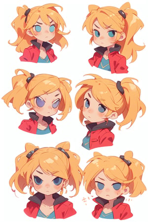 1 girl, blonde hair, (two long pigtails:1.4), blue eyes,red leather jacket, white t-shirt,solo,(masterpiece:1.4(bestquality:1.4),(surprise:1.4)(extremely_beautiful_detailed_anime_face_and_eyes:1.4),an extremely delicate and beautiful,Watercolor, Ink, epic,multiple views, upper body, reference sheet:1,CharacterSheet, white background, different expresions,multiple girls,character sheet, character design, reference sheet, multiple views, turnaround,Chibi