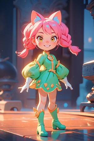 ((1 female)), petite girl, full body, chibi, 3D figure little girl, Portrait of the beautiful Lopadex, athletic, green lantern dress:1.2, pink hair:1.2, yellow eyes:1.2, pink cat ears:1.2, white leather boots, white leather gloves, smiling,braids,make up, beautiful girl with attention to detail, beautiful delicate eyes, detailed face, beautiful eyes, Dynamic Beautiful Pose, Natural Light, ((Real) ) Quality: 1.2 )), Dynamic Long Distance Shot, Cinematic Lighting, Perfect Composition, Super Detail, Official Art, Masterpiece, (Best Quality: 1.3), Reflection, High Resolution CG Unity 8K Wallpaper, Detailed Background, Masterpiece, (Photorealistic): 1.2), Random Angle, Side Angle, Chibi, Full Body, mikdef.,SFW,1 girl