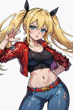 1 girl, blonde hair, two pigtails, blue eyes,red leather jacket, white t-shirt, jeans, black boots, solo, upper body,(masterpiece:1.4(bestquality:1.4),,extremely_beautiful_detailed_anime_face_and_eyes,an extremely delicate and beautiful,Watercolor, Ink, epic, angry, simple background, white_background, (pose visual novel:1.4),(character design:1.4)