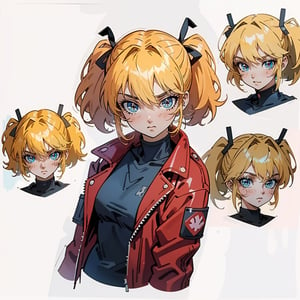 1 girl, blonde hair, two pigtails, blue eyes,red leather jacket, white t-shirt, jeans, black boots, solo, (medium_shot:1.4),(masterpiece:1.4(bestquality:1.4),(extremely_beautiful_detailed_anime_face_and_eyes:1.4),an extremely delicate and beautiful,Watercolor, Ink, epic,multiple views, full body, upper body, reference sheet:1,CharacterSheet, white background, different expresions,