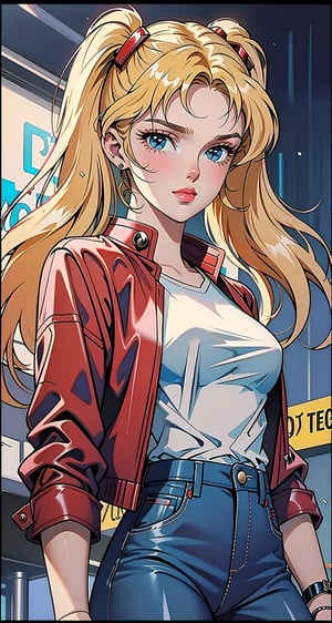 1 girl, blonde hair, two pigtails, blue eyes,red leather jacket, white t-shirt, jeans, black boots, solo, (medium_shot:1.4),(masterpiece:1.4(bestquality:1.4),(extremely_beautiful_detailed_anime_face_and_eyes:1.4),an extremely delicate and beautiful,Watercolor, Ink, epic, tokyo cyberpunk night,