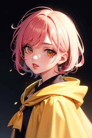 1girl, short pink hair,(mole next to lip:1),(eyebrow scar:1),(hufflepuff House Cloak),( inner cloak yellow:1), (outer cloack black:1),yellow eyes, looking at viewer, solo, upper body,(masterpiece:1.4),(best quality:1.4),red lips,parted lips, hogwarts castle:1,dramatic shadows,extremely_beautiful_detailed_anime_face_and_eyes,an extremely delicate and beautiful,dynamic angle, cinematic camera, dynamic pose,depth of field,chromatic aberration,backlighting,