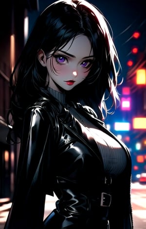 1girl, beautiful girl, long black hair:1.2, purple eyes, black leather pants, black leather corset, (large black leather trench coat:1.2), big breasts,looking at viewer, solo, upper body,(masterpiece:1.4),(best quality:1.4),red lips,parted lips, night city:1,street,night,vampire:1.2,dramatic shadows,extremely_beautiful_detailed_anime_face_and_eyes,an extremely delicate and beautiful,dynamic angle, cinematic camera, dynamic pose,depth of field,chromatic aberration,backlighting,Watercolor, Ink, epic, candystyle, ,style