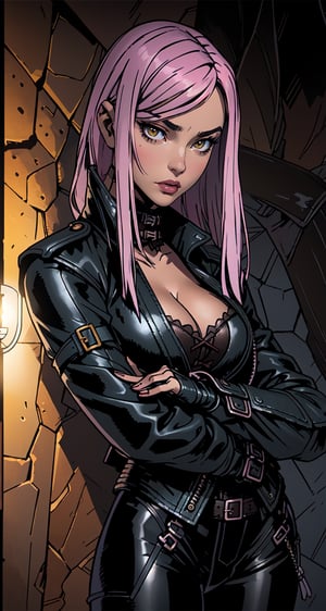 (European city background:1.4), (best detailed), (best lighting), ( ultra-detailed), (best quality), 1 girl, yellow eyes, (detail eyes), pale_skin, pink_hair, ((straight_hair)), bangs, short-hair, past-the-waist, large breasts, (large black leather trench coat:1.4), (black leather pants, sexy black leather corset:1.4) showing cleavage, sexy, (NSFW nudity, naked), slim thicc, perfect smooth skin, detailed skin,style,