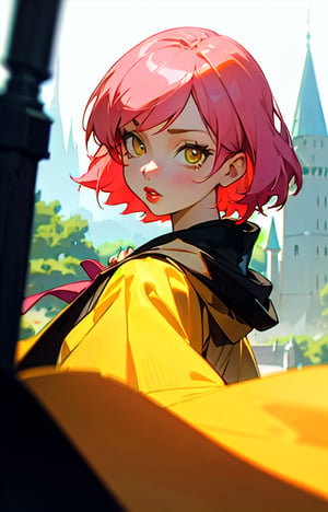 1girl, short pink hair,(hufflepuff House Cloak),( inner cloak yellow:1), (outer cloack black:1),yellow eyes, looking at viewer, solo, upper body,(masterpiece:1.4),(best quality:1.4),red lips,parted lips, exterior forest and mountains, castle,hogwarts castle:1,dramatic shadows,extremely_beautiful_detailed_anime_face_and_eyes,an extremely delicate and beautiful,dynamic angle, cinematic camera, dynamic pose,depth of field,chromatic aberration,anime,3DMM