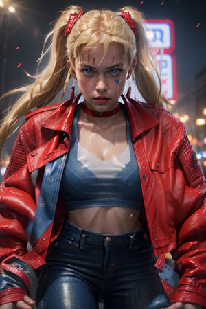 1 girl, blonde hair, two pigtails, blue eyes,(red leather jacket:1.4), (white t-shirt:1.4), (blue jeans:1.4), solo,katana in hand, (medium_shot:1.4),(masterpiece:1.4(bestquality:1.4),extremely_beautiful_detailed_anime_face_and_eyes,an extremely delicate and beautiful,photorealistic