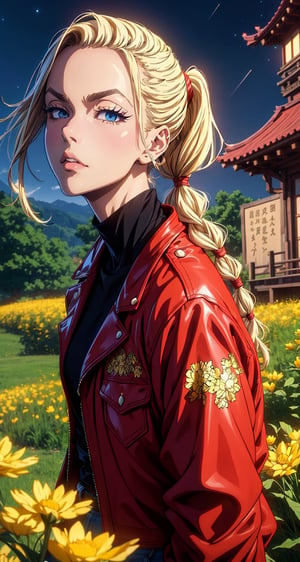 (Masterpiece, Best Quality:1.3), absurdres,(Ultra-detailed portrait), 2d, Traditional Media, NinjaScroll, official art, centered, wide shot, 1 girl, blonde hair, two pigtails, blue eyes,red leather jacket, white t-shirt, jeans, black boots, solo,(looking at viewer), detailed eyes, close up:0.2, (full angle view), relaxed pose, perfect face, eye contact, focus face, lips:0.5, standing, dynamic, beautiful, cinematic, sharp focus, (Details:1.2), (depth of field), ((wind blowing)), yellow petals, scenery, fireflies:0.1, night sky, nature, (night, dark:1.3), [electricity],highly detailed, film grain:0.6, (shiny), intricate design, 85mm, east asian architecture, east asian architecture, building, ((volumetric lighting)), high contrast:0.3, glowing:0.7, 90's anime style, extremely detailed background, (sharp focus), thick lineart, ,retro artstyle,traditional media,ninjascroll,trgirl,