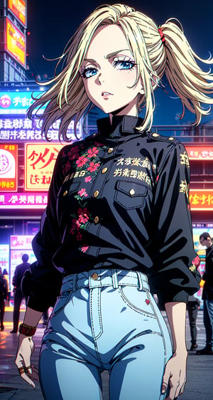 (Masterpiece, Best Quality:1.3), absurdres,(Ultra-detailed portrait), 2d, Traditional Media, NinjaScroll, official art, centered, wide shot, 1 girl, blonde hair, two pigtails, blue eyes,red leather jacket, white t-shirt, jeans, black boots, solo,(looking at viewer), detailed eyes, close up:0.2, (full angle view), relaxed pose, perfect face, eye contact, focus face, lips:0.5, standing, dynamic, beautiful, cinematic, sharp focus, (Details:1.2), (depth of field), ((wind blowing)), yellow petals, scenery, fireflies:0.1, night sky, nature, (night, dark:1.3), [electricity],highly detailed, film grain:0.6, (shiny), intricate design, 85mm, east asian architecture, east asian architecture, building, ((volumetric lighting)), high contrast:0.3, glowing:0.7, 90's anime style, extremely detailed background, (sharp focus), thick lineart, ,retro artstyle,traditional media,ninjascroll,trgirl,