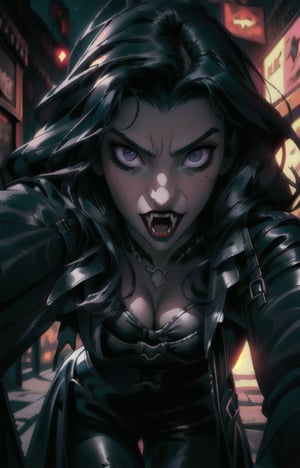 (Vampire),(Fang vampire teeth:1),(Hero view:1.5),1 girl, beautiful girl, long black hairy:1.2, long black hair:1.2,purple eyes, black leather pants, black leather corset, (large black leather trench coat:1.2), big breasts, solo,(masterpiece:1.4),(best quality:1.4),red lips,parted lips, new york city, new york night:1.5,street,night:1.5,vampire:1.2,extremely_beautiful_detailed_anime_face_and_eyes,an extremely delicate and beautiful,Watercolor, Ink, epic, candystyle, ,style,castlevania style,fangs