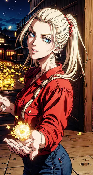 (Masterpiece, Best Quality:1.3), absurdres,(Ultra-detailed portrait), 2d, Traditional Media, NinjaScroll, official art, centered, wide shot, 1 girl, blonde hair, two pigtails, blue eyes,red leather jacket, white t-shirt, jeans, black boots, solo,(looking at viewer), detailed eyes, close up:0.2, (full angle view), relaxed pose, perfect face, eye contact, focus face, lips:0.5, standing, dynamic, beautiful, cinematic, sharp focus, (Details:1.2), (depth of field), ((wind blowing)), yellow petals, scenery, fireflies:0.1, night sky, nature, (night, dark:1.3), [electricity],highly detailed, film grain:0.6, (shiny), intricate design, 85mm, east asian architecture, east asian architecture, building, ((volumetric lighting)), high contrast:0.3, glowing:0.7, 90's anime style, extremely detailed background, (sharp focus), thick lineart, ,retro artstyle,traditional media,ninjascroll,trgirl,