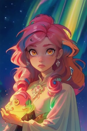 (masterpiece:1.4, best quality:1.4, ultra-detailed),(1 girl:1.4),large hair,( pinkhair:1.4), yellow eyes,wizard,beautiful detailed glow,(northern lights), aurora,dulce,Detailedface