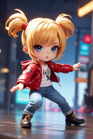 ((1 female)), petite girl, full body, chibi, 3D figure little girl, blonde hair, two pigtails, blue eyes, white t-shirt, jeans, black boots,(red leather jacket:1),, beautiful girl with attention to detail, beautiful delicate eyes, detailed face, beautiful eyes, Dynamic Beautiful Pose, Natural Light, ((Real) ) Quality: 1.2 )), Dynamic Long Distance Shot, Cinematic Lighting, Perfect Composition, Super Detail, Official Art, Masterpiece, (Best Quality: 1.3), Reflection, High Resolution CG Unity 8K Wallpaper, Detailed Background, Masterpiece, (Photorealistic): 1.2), Random Angle, Side Angle, Chibi, Full Body, mikdef.