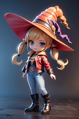 ((1 female)), petite girl, full body, chibi, 3D figure little girl, blonde hair, two pigtails, blue eyes, white t-shirt, jeans, black boots,(red leather jacket:1),, beautiful girl with attention to detail, beautiful delicate eyes, detailed face, beautiful eyes, Dynamic Beautiful Pose, Natural Light, ((Real) ) Quality: 1.2 )), Dynamic Long Distance Shot, Cinematic Lighting, Perfect Composition, Super Detail, Official Art, Masterpiece, (Best Quality: 1.3), Reflection, High Resolution CG Unity 8K Wallpaper, Detailed Background, Masterpiece, (Photorealistic): 1.2), Random Angle, ((Witch Costume: 1.4)), Side Angle, Chibi, Full Body, mikdef.