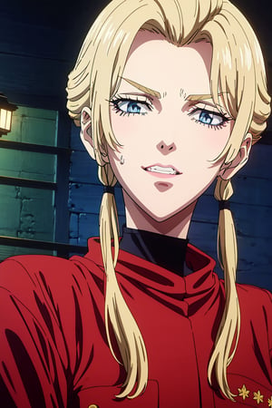 1 girl, blonde hair, two pigtails, blue eyes,red leather jacket, white t-shirt, jeans, black boots, solo, (medium_shot:1.4),(masterpiece:1.4(bestquality:1.4),(extremely_beautiful_detailed_anime_face_and_eyes:1.4),an extremely delicate and beautiful,Watercolor, Ink, epic, tokyo cyberpunk night,trgirl,90's anime style,ninjascroll,Traditional Media