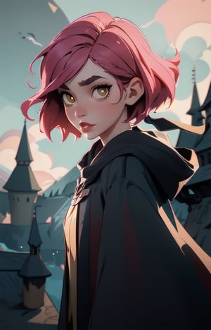 1girl, short pink hair,(hufflepuff House Cloak),( inner cloak yellow:1), (outer cloack black:1),yellow eyes, looking at viewer, solo, upper body,(masterpiece:1.4),(best quality:1.4),red lips,parted lips, exterior forest and mountains, castle,hogwarts castle:1,dramatic shadows,extremely_beautiful_detailed_anime_face_and_eyes,an extremely delicate and beautiful,dynamic angle, cinematic camera, dynamic pose,depth of field,chromatic aberration,anime