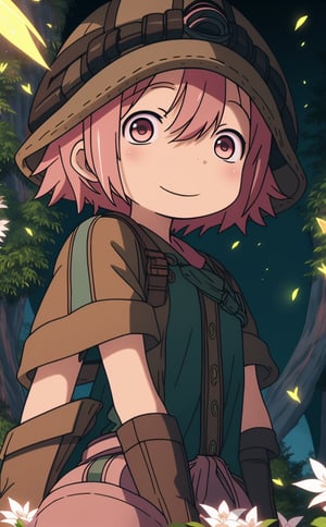 ultra-detailed, illustration, cinematic composition, abyss style, grass, white flower, moss,MadeintheAbyss, 1girl, (short pink hair:1.4), brown coat, short sleeves, brown overcoat, (brown shorts:1.4),(explorer helmet:1),(explorer boots:1.4),(yellow eyes:1.4), looking at viewer, solo, (upper body:1.4),(masterpiece:1.4),(best quality:1.4),red lips,parted lips,smile, walking in the deep forest,firefliesfireflies,portrait,illustration