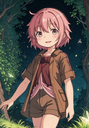 ultra-detailed, illustration, cinematic composition, abyss style, grass,1girl, (short pink hair:1.4), brown coat, short sleeves, brown overcoat, (brown shorts:1.4),yellow eyes, looking at viewer, solo, upper body,(masterpiece:1.4),(best quality:1.4),red lips,parted lips,smile, walking in the deep forest,nodf_lora,firefliesfireflies