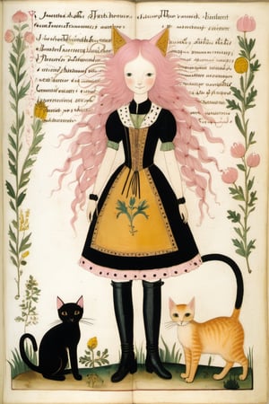 Voynich manuscript illustrating pink hair:1.2, yellow eyes:1.2, (pink cat ears:1.2), black leather boots, black leather gloves, smiling,braids,