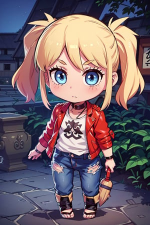 1 girl, blonde hair, two pigtails, blue eyes,red leather jacket, white t-shirt, jeans, black boots, solo, (medium_shot:1.4),(masterpiece:1.4(bestquality:1.4),extremely_beautiful_detailed_anime_face_and_eyes,an extremely delicate and beautiful,super_deformed,nas,ninja