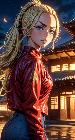 (Masterpiece, Best Quality:1.3), absurdres,(Ultra-detailed portrait), 2d, Traditional Media, NinjaScroll, official art, centered, wide shot, 1 girl, blonde hair, two pigtails, blue eyes,red leather jacket, white t-shirt, jeans, black boots, solo,(looking at viewer), detailed eyes, close up:0.2, (full angle view), relaxed pose, perfect face, eye contact, focus face, lips:0.5, standing, dynamic, beautiful, cinematic, sharp focus, (Details:1.2), (depth of field), ((wind blowing)), yellow petals, scenery, fireflies:0.1, night sky, nature, (night, dark:1.3), [electricity],highly detailed, film grain:0.6, (shiny), intricate design, 85mm, east asian architecture, east asian architecture, building, ((volumetric lighting)), high contrast:0.3, glowing:0.7, 90's anime style, extremely detailed background, (sharp focus), thick lineart, ,retro artstyle,traditional media,ninjascroll,trgirl,