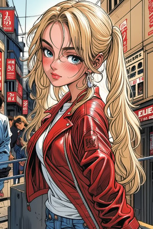 ((1 female))l, full body, blonde hair, ( two long pigtails:1.4), blue eyes, white t-shirt, jeans, black boots,(red leather jacket:1.4),beautiful girl with attention to detail, beautiful delicate eyes, detailed face, beautiful eyes,Beautiful Pose, Natural Light, ((Real) ) Quality: 1.2 )), Cinematic Lighting, Perfect Composition, Super Detail, Official Art, Masterpiece, (Best Quality: 1.3), Reflection, High Resolution CG Unity 8K Wallpaper, Detailed Background, Masterpiece, (Photorealistic): 1.2), Random Angle, Side Angle, ,anime,Retro,ink