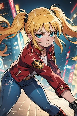 (dark theme:0.6), (dark shot:1.1), epic realistic, (dark shot:1.4), 80mm, (anime), (illustration), cartoon, detailed,1 girl, blonde hair, two pigtails, blue eyes,red leather jacket, white t-shirt, jeans, black boots, solo, (face:1.4),(masterpiece:1.4(bestquality:1.4),(extremely_beautiful_detailed_anime_face_and_eyes:1.4),an extremely delicate and beautiful,Watercolor, Ink, epic, angry, art by greg rutkowski and artgerm, soft cinematic light, adobe lightroom, photolab, hdr, intricate, highly detailed, (depth of field:1.4), soft light, sharp, exposure blend, medium shot, bokeh, (hdr:1.4), high contrast, (cinematic, teal and orange:0.85), (muted colors, dim colors, soothing tones:1.3), low saturation, (hyperdetailed:1.2), (noir:0.4), faded, (neutral colors:1.2), (hdr:1.4), (muted colors:1.2), hyperdetailed, (artstation:1.4), cinematic, warm lights, dramatic light, (intricate details:1.1), complex background, (rutkowski:0.66), (teal and orange:0.4), (hdr:1.22), muted colors, complex background, hyperdetailed, art [[by jordan grimmer]]