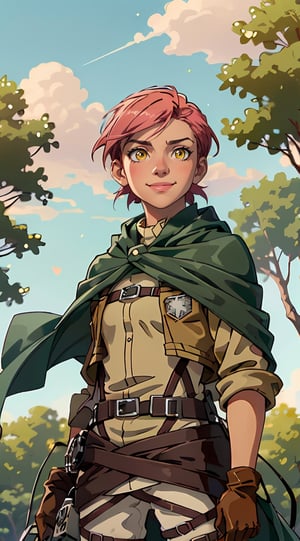 (1 girl), (short pink hair:1.2), (yellow eyes:1.2), black leather boots, black leather gloves, smiling,braids,make up, (green scouts cloak:1.2), (standing), (upper body in frame), simple background, forest, white cloudy sky, dawn, only1 image, perfect anatomy, perfect proportions, perfect perspective, 8k, HQ, ((AttackonTitan, survey military uniform)),