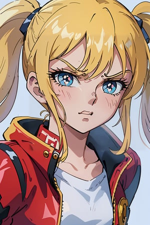 1 girl, blonde hair, two pigtails, blue eyes,red leather jacket, white t-shirt, jeans, black boots, solo, (face:1.4),(masterpiece:1.4(bestquality:1.4),(extremely_beautiful_detailed_anime_face_and_eyes:1.4),an extremely delicate and beautiful,Watercolor, Ink, epic, angry, simple background, white_background, 