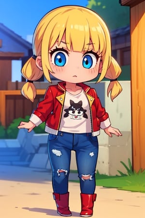 1 girl, blonde hair, two pigtails, blue eyes,red leather jacket, white t-shirt, jeans, black boots, solo, (medium_shot:1.4),(masterpiece:1.4(bestquality:1.4),extremely_beautiful_detailed_anime_face_and_eyes,an extremely delicate and beautiful,super_deformed,nas