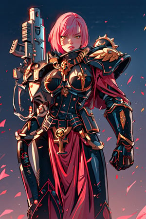 ((Masterpiece, best quality,)), (combat pose:1),1girl,edgAdepta, looking at viewer, lips, (short hair), (pink hair),(yellow eyes),wind background ,wearing edgAdepta,power armor,shoulder armor,skull emblem,EDGADEPTA, Dynamic Beautiful Pose, Natural Light, ((Real) ) Quality: 1.2 )), Dynamic Long Distance Shot, Cinematic Lighting, Perfect Composition, Super Detail, Official Art, Masterpiece, (Best Quality: 1.3), Reflection, High Resolution CG Unity 8K Wallpaper, Detailed Background, Masterpiece, (Photorealistic): 1.2), Random Angle, Side Angle anime,1 girl,style,40kanime,Eda Clawthorne,shoulder ,background
