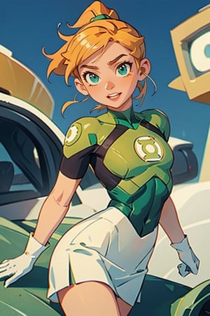 1girl, (short blondie hair:1.4),(high ponytail:1.4),blue eyes,uniform_green lantern_DCcomics:1,hal jordan, white bodysuit,((tight green skirt)), white gloves,slim waist, looking at viewer, solo, upper body,(masterpiece:1.4),(best quality:1.4),red lips,parted lips,dramatic shadows,extremely_beautiful_detailed_anime_face_and_eyes,an extremely delicate and beautiful,dynamic angle, cinematic camera, dynamic pose,depth of field,chromatic aberration,backlighting,Watercolor, Ink, epic, candystyle,chibi style,cute,happy,vibrant,colorful,nature,pop,