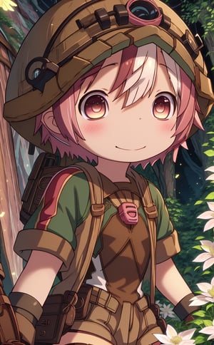 ultra-detailed, illustration, cinematic composition, abyss style, grass, white flower, moss,MadeintheAbyss, 1girl, (short pink hair:1.4), brown coat, short sleeves, brown overcoat, (brown shorts:1.4),(explorer helmet:1),(explorer boots:1.4),(yellow eyes:1.4), looking at viewer, solo, (upper body:1.4),(masterpiece:1.4),(best quality:1.4),red lips,parted lips,smile, walking in the deep forest,firefliesfireflies,portrait,illustration,best quality,(best quality,BrgEy