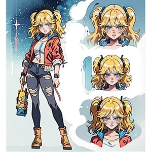 1 girl, blonde hair, two pigtails, blue eyes,red leather jacket, white t-shirt, jeans, black boots, solo, (medium_shot:1.4),(masterpiece:1.4(bestquality:1.4),(extremely_beautiful_detailed_anime_face_and_eyes:1.4),an extremely delicate and beautiful,Watercolor, Ink, epic, angry, CharacterSheet,(multiple views, full body, upper body, reference sheet:1),