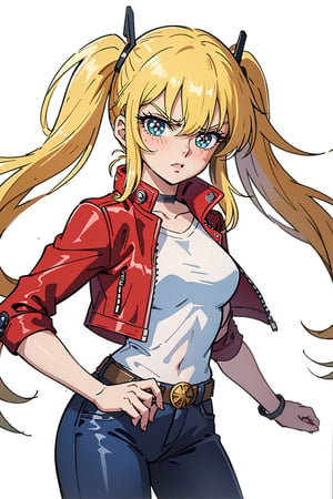1 girl, blonde hair, two pigtails, blue eyes,red leather jacket, white t-shirt, jeans, black boots, solo, (cowboy_shot:1.4),(masterpiece:1.4(bestquality:1.4),(extremely_beautiful_detailed_anime_face_and_eyes:1.4),an extremely delicate and beautiful,Watercolor, Ink, epic, angry, simple background, white_background, 