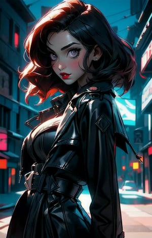 1girl, beautiful girl, long black hair:1.2, purple eyes, black leather pants, black leather corset, (large black leather trench coat:1.2), big breasts,looking at viewer, solo, upper body,(masterpiece:1.4),(best quality:1.4),red lips,parted lips, night city:1,street,night,vampire:1.2,dramatic shadows,extremely_beautiful_detailed_anime_face_and_eyes,an extremely delicate and beautiful,dynamic angle, cinematic camera, dynamic pose,depth of field,chromatic aberration,backlighting,Watercolor, Ink, epic, candystyle, ,style