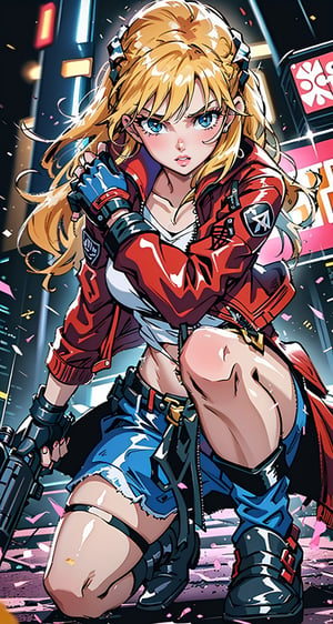 1 girl, blonde hair, two pigtails, blue eyes,red leather jacket, white t-shirt, jeans, black boots, solo, (medium_shot:1.4),(masterpiece:1.4(bestquality:1.4),(extremely_beautiful_detailed_anime_face_and_eyes:1.4),an extremely delicate and beautiful,Watercolor, Ink, epic, tokyo cyberpunk night,