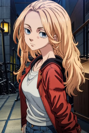 1 girl, blonde hair, two pigtails, blue eyes,red leather jacket, white t-shirt, jeans, black boots, solo, (medium_shot:1.4),(masterpiece:1.4(bestquality:1.4),(extremely_beautiful_detailed_anime_face_and_eyes:1.4),an extremely delicate and beautiful,Watercolor, Ink, epic, tokyo cyberpunk night,