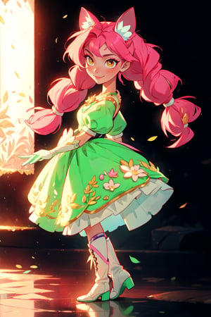 ((1 female)), full body, 3D figure little girl, Portrait of the beautiful Lopadex, athletic, green lantern dress:1.2, pink hair:1.2, yellow eyes:1.2, pink cat ears:1.2, white leather boots, white leather gloves, smiling,braids,make up, beautiful girl with attention to detail, beautiful delicate eyes, detailed face, beautiful eyes, Dynamic Beautiful Pose, Natural Light, ((Real) ) Quality: 1.2 )), Dynamic Long Distance Shot, Cinematic Lighting, Perfect Composition, Super Detail, Official Art, Masterpiece, (Best Quality: 1.3), Reflection, High Resolution CG Unity 8K Wallpaper, Detailed Background, Masterpiece, (Photorealistic): 1.2), Random Angle, Side Angle, Chibi, Full Body, mikdef.,SFW,1 girl,dulce