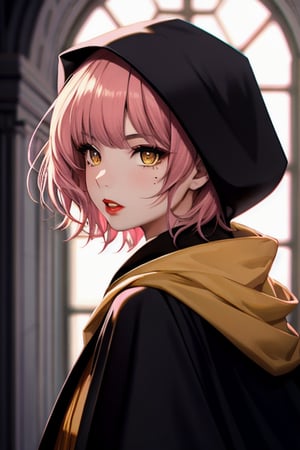 1girl, short pink hair,(mole next to lip:1),(eyebrow scar:1),(hufflepuff House Cloak),( inner cloak yellow:1), (outer cloack black:1),yellow eyes, looking at viewer, solo, upper body,(masterpiece:1.4),(best quality:1.4),red lips,parted lips, hogwarts castle:1,dramatic shadows,extremely_beautiful_detailed_anime_face_and_eyes,an extremely delicate and beautiful,dynamic angle, cinematic camera, dynamic pose,depth of field,chromatic aberration,backlighting,