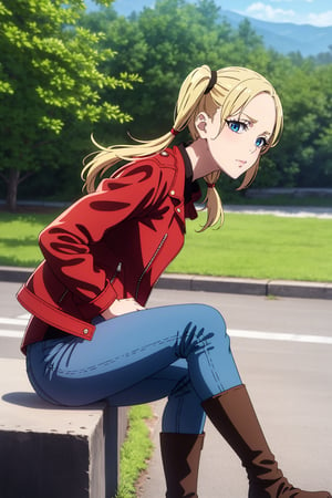 ((1 female))l, full body, blonde hair, ( two long pigtails:1.4), blue eyes, white t-shirt, jeans, black boots,(red leather jacket:1.4),beautiful girl with attention to detail, beautiful delicate eyes, detailed face, beautiful eyes,Beautiful Pose, Natural Light, ((Real) ) Quality: 1.2 )), Cinematic Lighting, Perfect Composition, Super Detail, Official Art, Masterpiece, (Best Quality: 1.3), Reflection, High Resolution CG Unity 8K Wallpaper, Detailed Background, Masterpiece, (Photorealistic): 1.2), Random Angle, Side Angle,trgirl